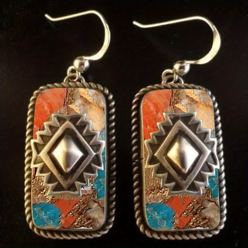 TEMU Vintage Bohemian Style Artificial Turquoise Earrings, Resin Square Drop Earrings, Unisex, Casual Fashion Jewelry, Suitable As Party Or Engagement Gifts