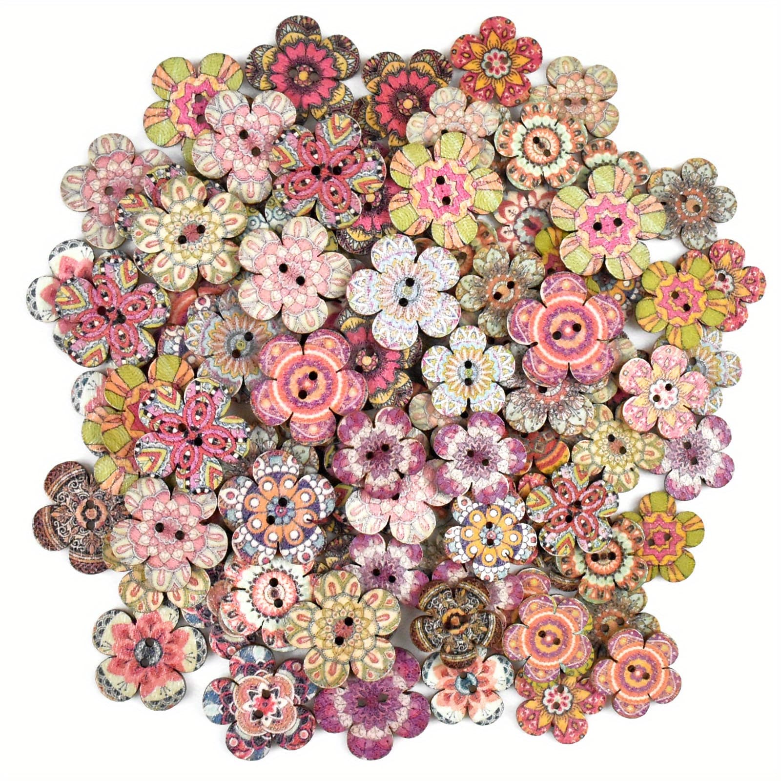 TEMU 100pcs Mixed Size Flower Printed Button Colorful Retro Buttons 2 Holes Sewing Buttons Wood Decorative Buttons Cardigans Knitting Scrapbooking Supplies 2/ 2.4cm (0.8/ 0.96inch), Multicolor