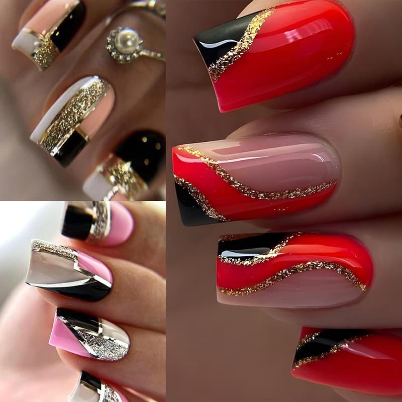 TEMU 72pcs(3pcs) Wear Nails, Geometrically Clipped Pressed On Nails - Black And Pink French Tips With Silvery Glitters - Fully Covered Short Square Fake Nails For Women - Casual Attire