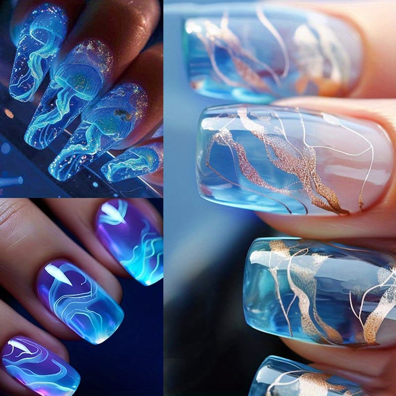 TEMU 72pcs (3 Pack) Fake , Jellyfish Nail Wear , Europe And The United States Wear Nail World And Simple Translucent Blue Gradient Line Pure To Wear Nail