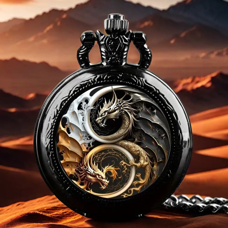 TEMU Creative Fashion Dragon Cool Black Quartz Pocket Watch, Necklace Pendant For Men Women