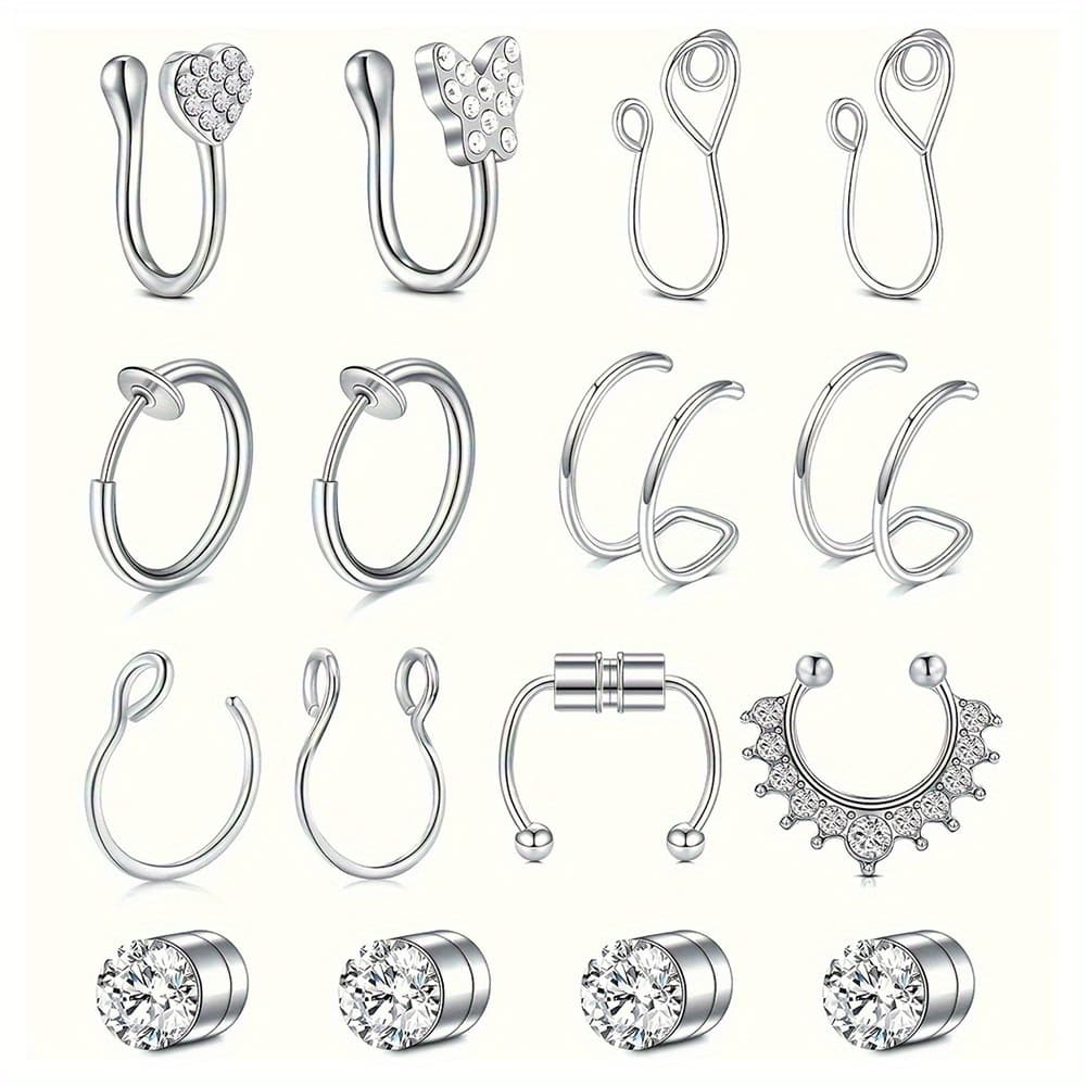 TEMU 16pcs Fake Septum Fake Nose Ring Hoop 20g Faux Nose Piercing Hoop Clip On Nose Rings Non-piercing Fake Nose Septum Lip Ear Ring Faux Body Piercing Jewelry For Women Men