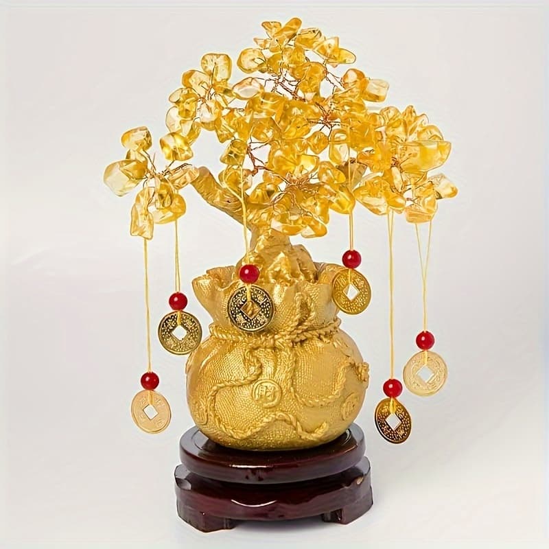 TEMU Elegant Golden Resin With Natural Crystal Leaves - Attracts & Fortune, Shui- Decor, Unique Business Gift, Wealth Symbol, Ideal For Reptile Habitat Tree, Crystal Leaf Design,