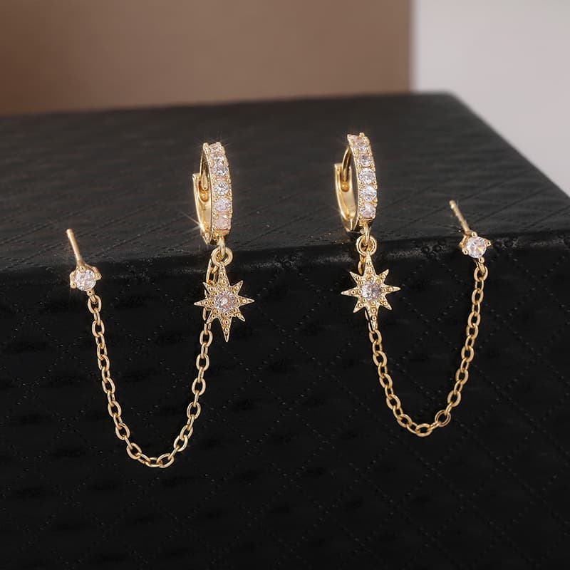 TEMU 1 Pair Of Women's Fashion Chain Earrings/double Pierced Hanging Chain Hoop Earrings/ Synthetic Zirconia Earrings