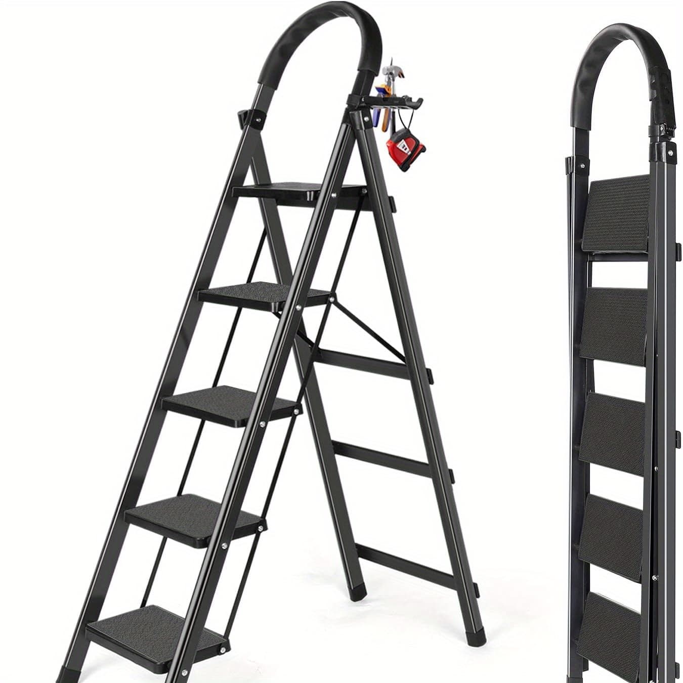 TEMU Ladder With Anti-slip Pedal - Folding Step Stool With Tool Tray 300 Lbs Portable Steel Ladder For Adults For Home Kitchen Library Office () (d5-hei)