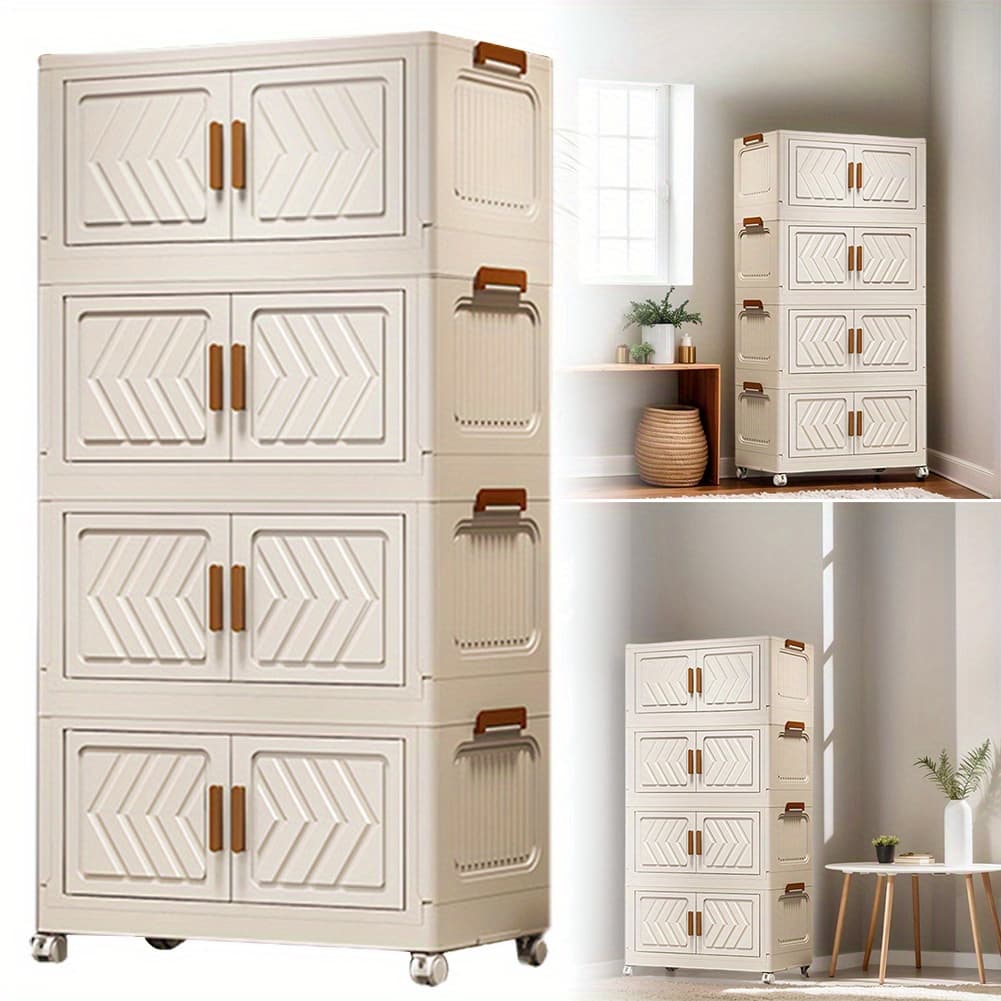 TEMU 4 Tier Stackable Storage Bins With Lids With Doors & Wheels Plastic Storage Containers Folding Storage Cabinet Shelf For Living Room Bedroom Office