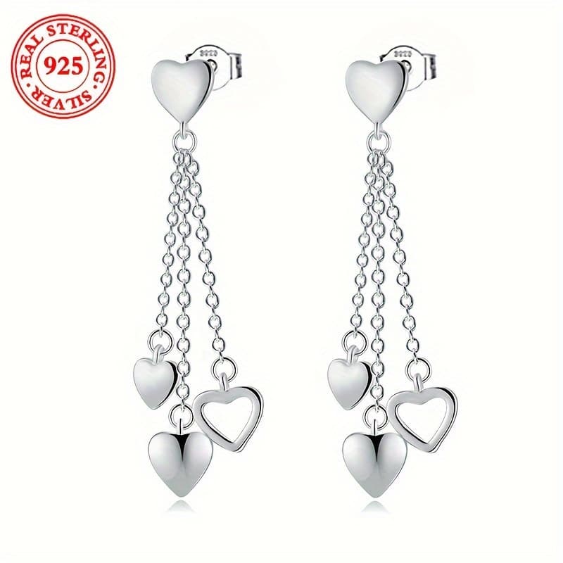 TEMU 925 Sterling Silver Tassel Heart Dangle Earrings, Elegant Long Chain Drop Style, Luxurious Fashion For Women, 6.3g/ 0.222oz