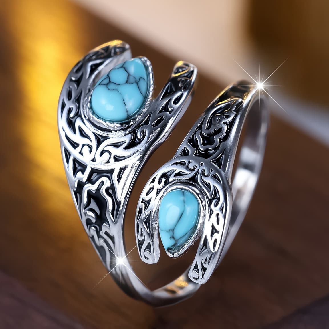 TEMU 925 Sterling Silver Vintage Spoon Ring With Turquoise, High-quality Engagement/wedding Gift For Special Person, Includes Gift Box, Retro Carving