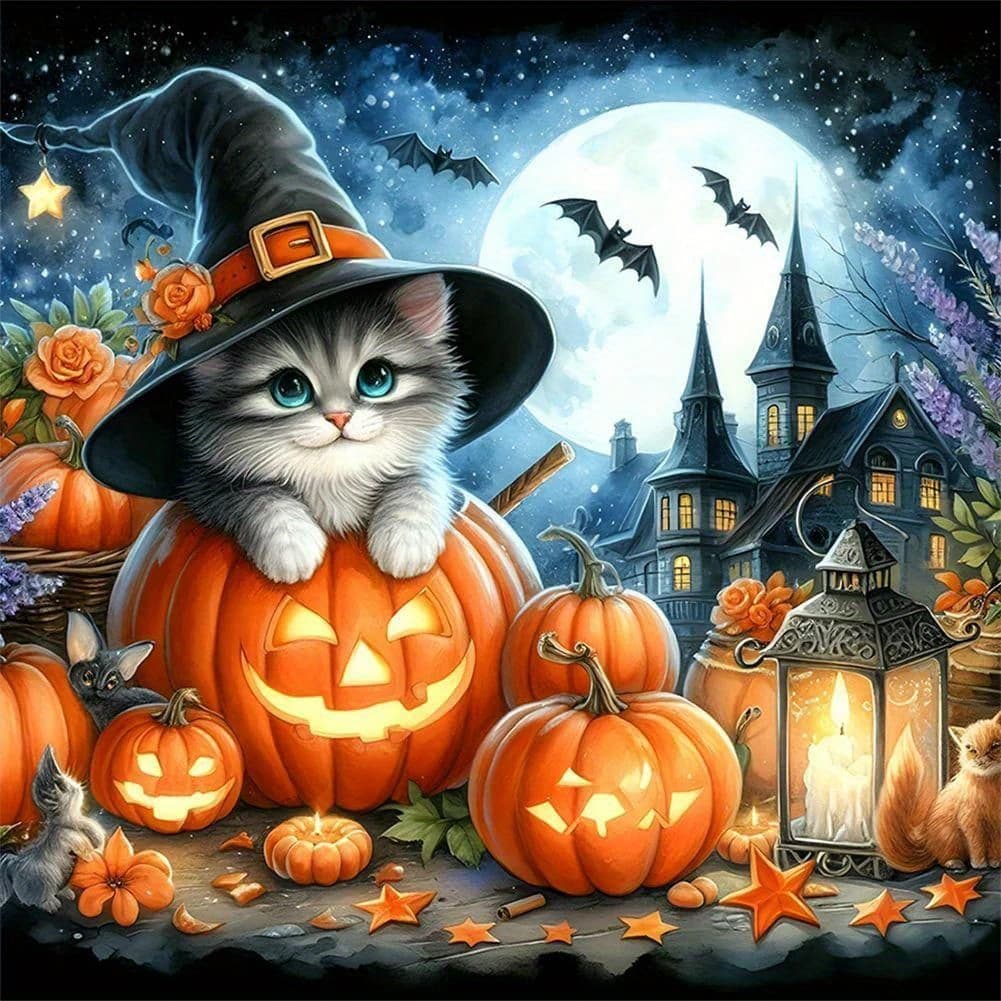 TEMU 5d Diy Diamond Painting Kits For Adults 5d Kit For Beginners, Halloween Cat And Pumpkin Diy Paint With Round Diamonds For Home Wall Decor