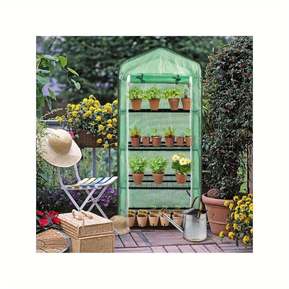 TEMU Fx 142cm/55in Pe Fabric Flower Stand With Black Iron Pipes, Mini Pointed Roof With 4-tier Mesh, And Zippered Roller Door.