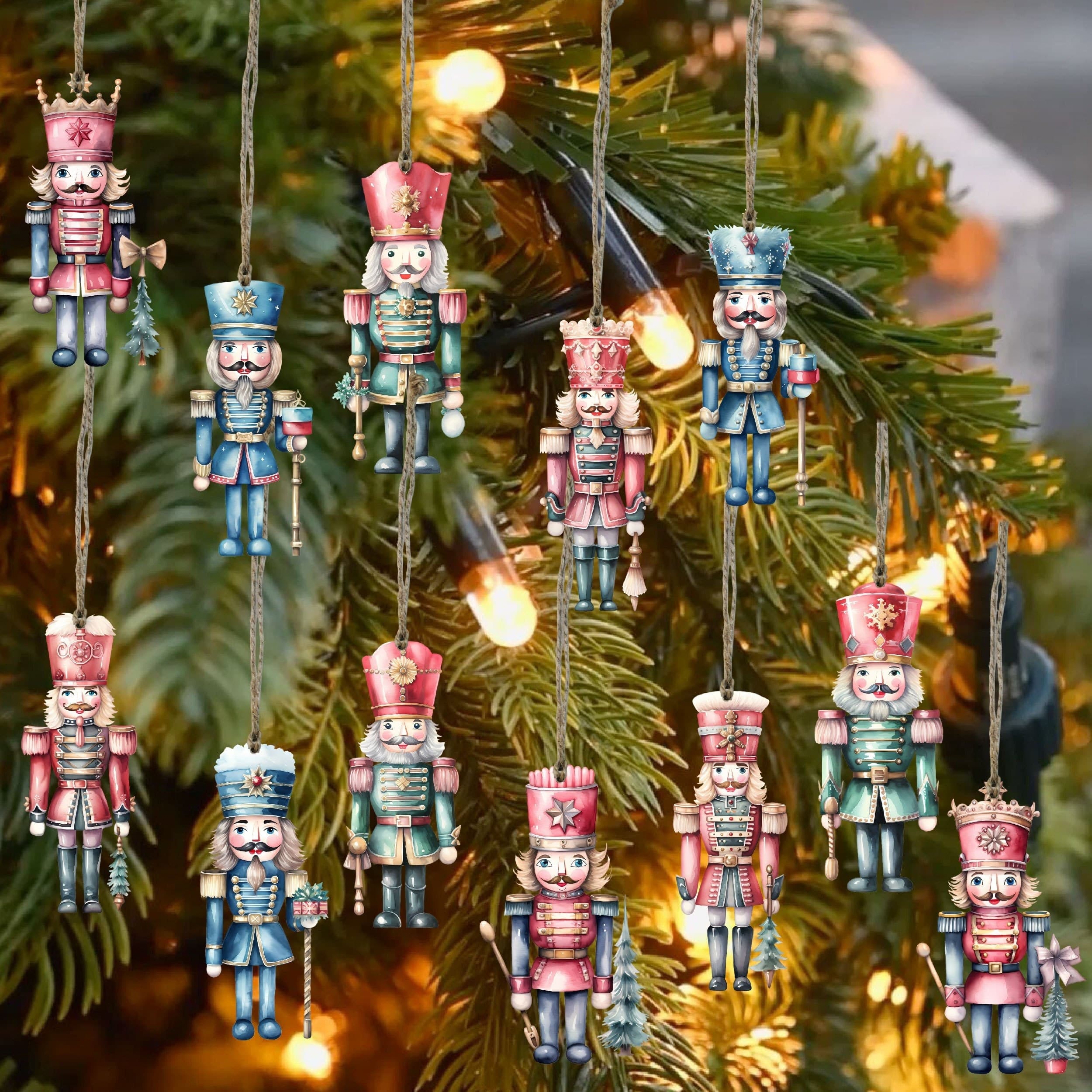 TEMU 12pcs Wooden Nutcracker Ornaments With Rope, Handcrafted Christmas Tree Decorations, Festive Party Supplies, Artisan Crafts, Battery-free Holiday Gifts
