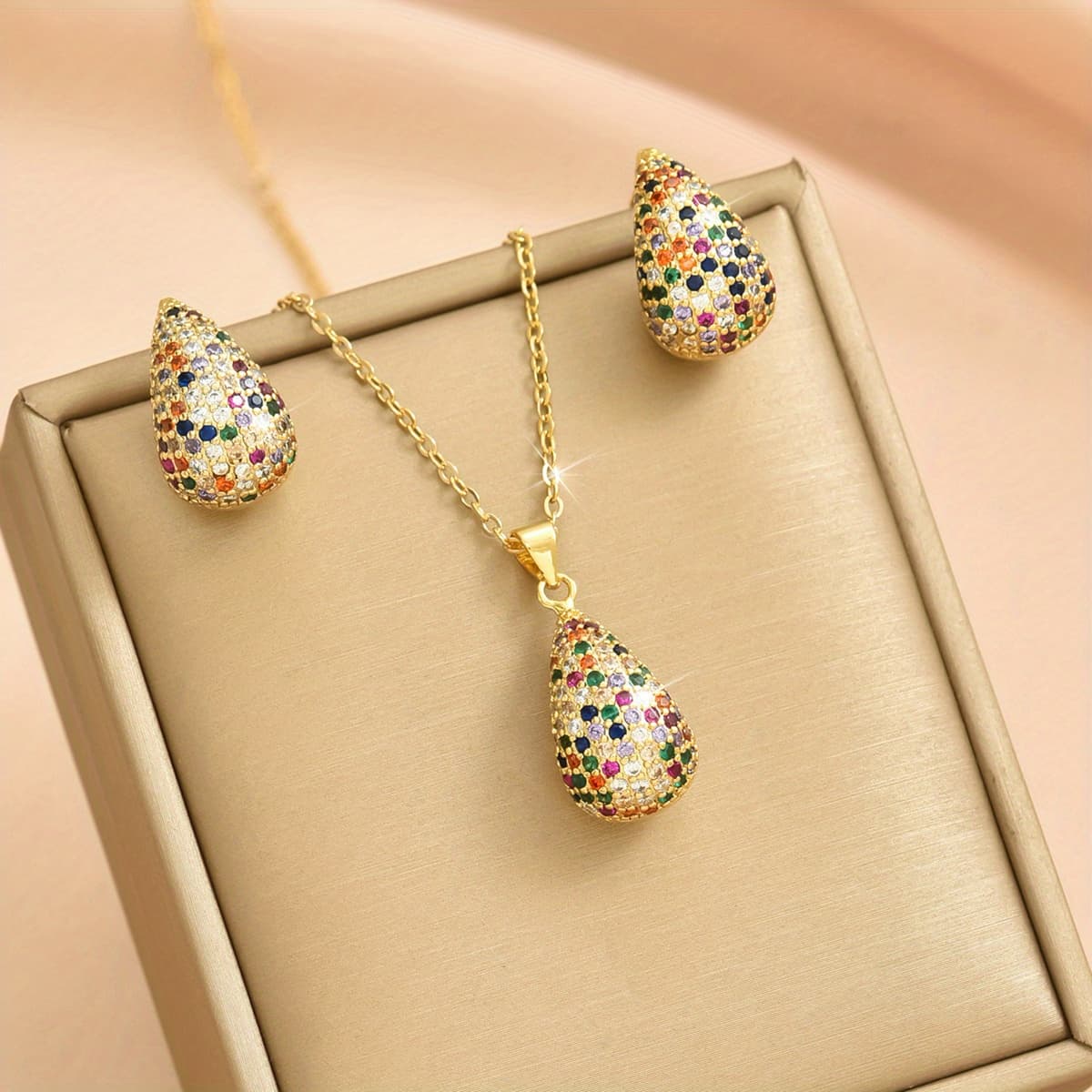 TEMU Chic 3pcs Water Drop Jewelry Set For Women - Luxurious Synthetic Zirconia Necklace & Earrings, Or Gifting