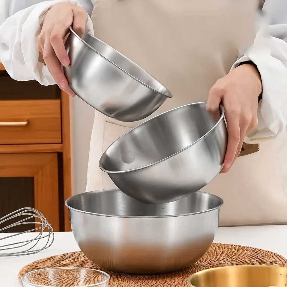 TEMU 3pcs/set Stainless Steel With Measuring Marks, Durable Salad Bowl Set, Used For Cooking, Baking And Preparation, Kitchen And Restaurant Necessities