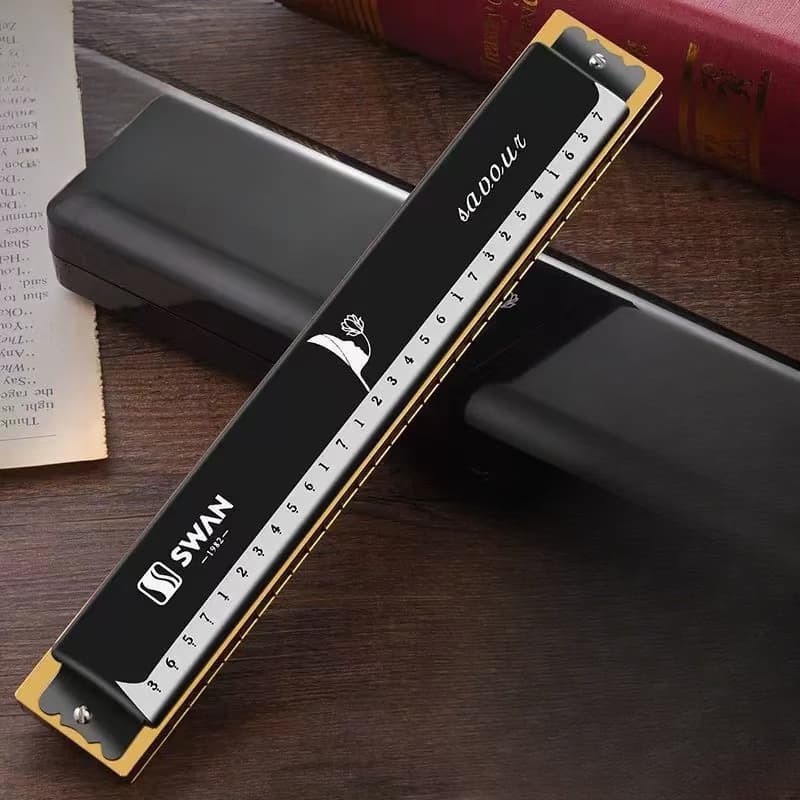 TEMU Professional 28-hole Double-row Harmonica With Brass Reeds | Polished Metal End, Includes Case - Suitable For Musicians And Students