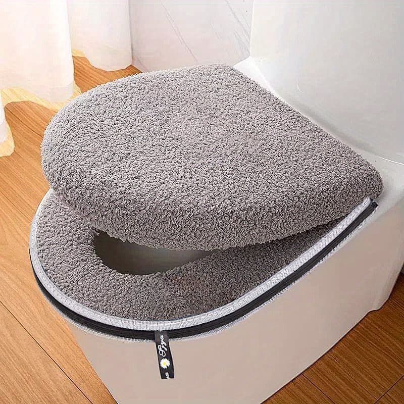 TEMU Winter Thickened Double Set Toilet Seat Cushion With Zipper, Waterproof Bathroom Pad With Handle, Soft Firmness, Machine Washable, Universal Fit For Home Use