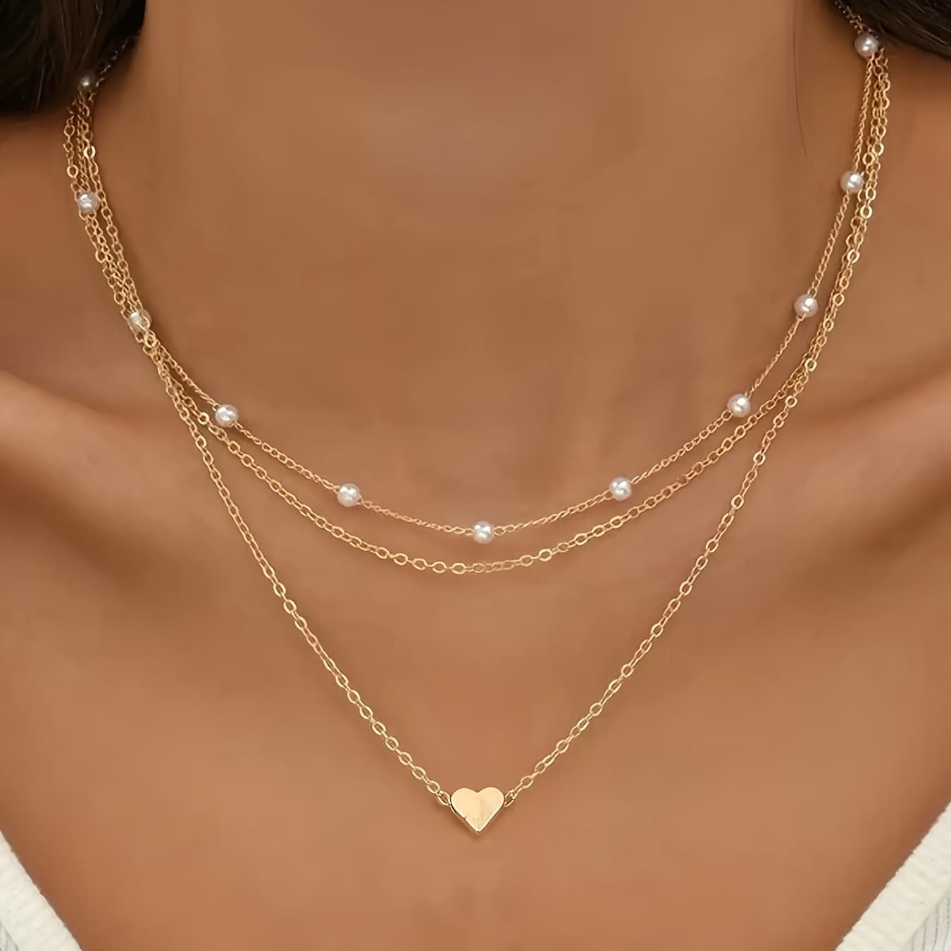 TEMU A Single Piece 18k Golden Plated Layered Necklace Set Featuring A Heart-shaped Pendant And Pearl Accents, Ideal For Daily Use And Festive