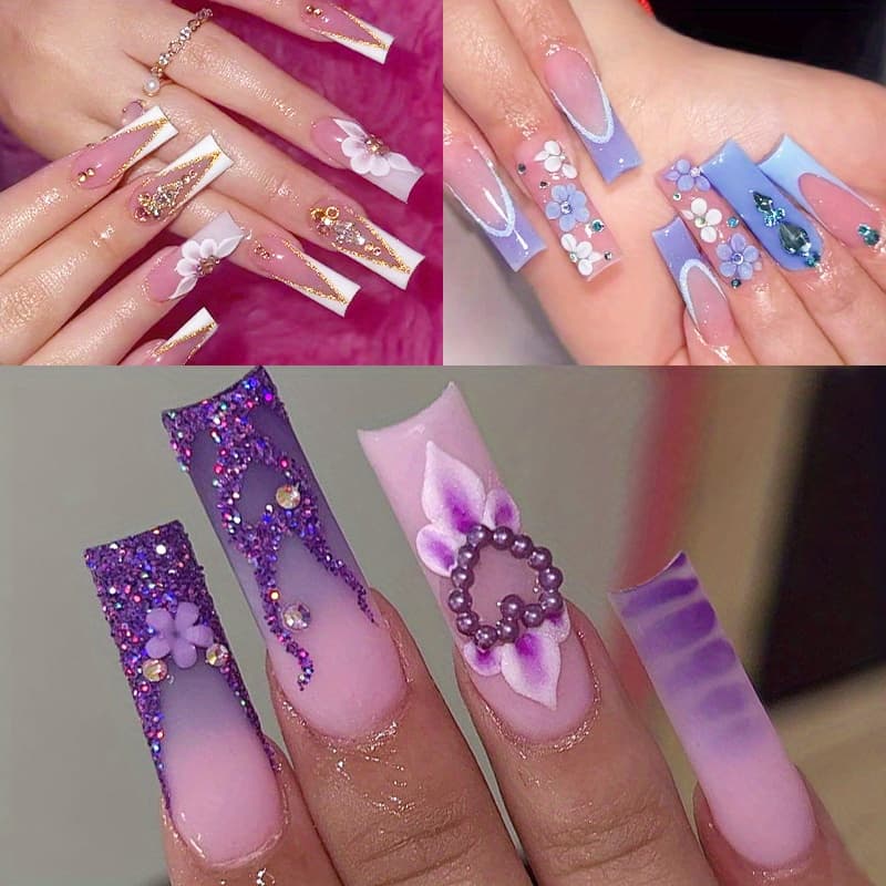 TEMU 70pcs(3pcs) Nail Long With White 3d Floral Fake Nails Coffin Marble Fake Nails Designed Fully Enclosed Acrylic Artificial Glue Nails For Women