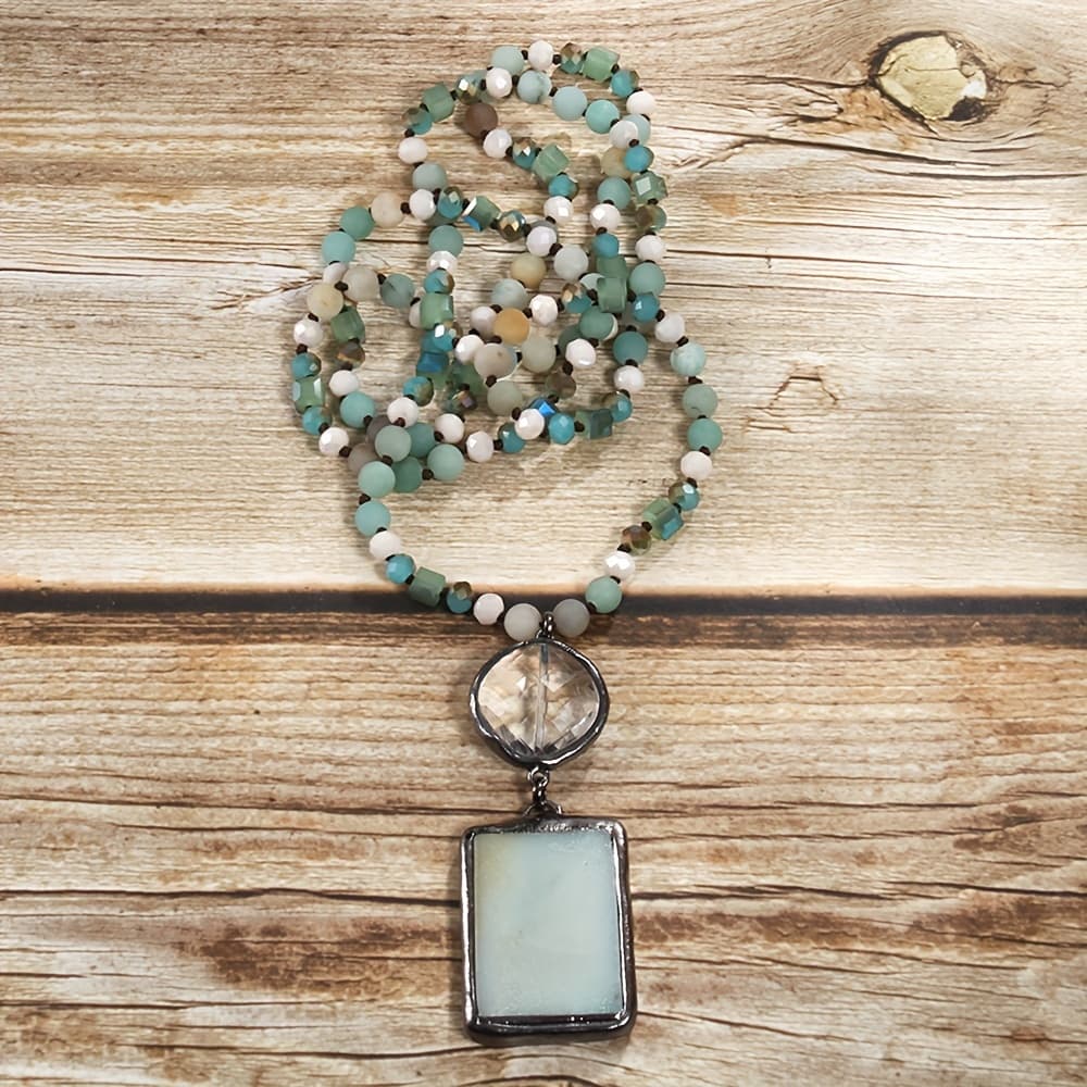 TEMU Natural Knot Necklace - Round Glass Pendant With Sweater Chain - Bohemian Style Personality Fashion Jewelry For Women With Beaded Decoration And