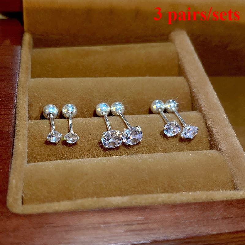 TEMU 3 Pairs/set Of Shiny Synthetic Zirconia Screw 925 Silver Plated Earrings, Exquisite And Compact Versatile Simple Earrings For Men And Women