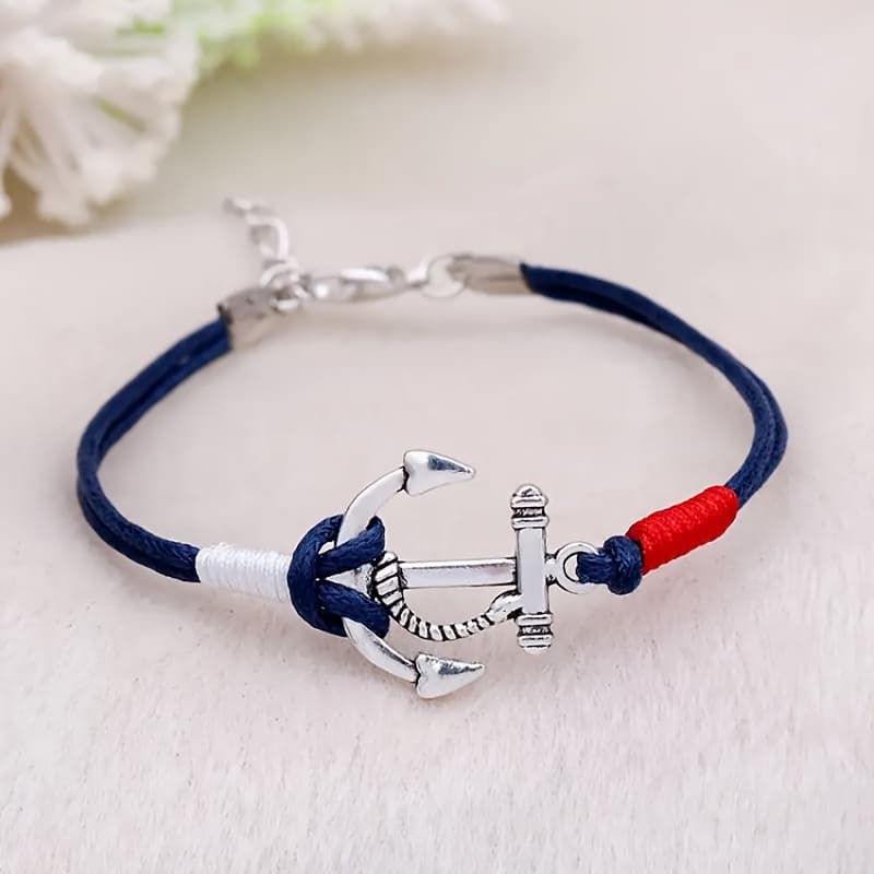 TEMU 1pc Red And White Rope Braided 925 Silver Plated Bracelet, Nautical Navy Style Decorated Anchor Rope Bracelet, Ladies Holiday Party Gift