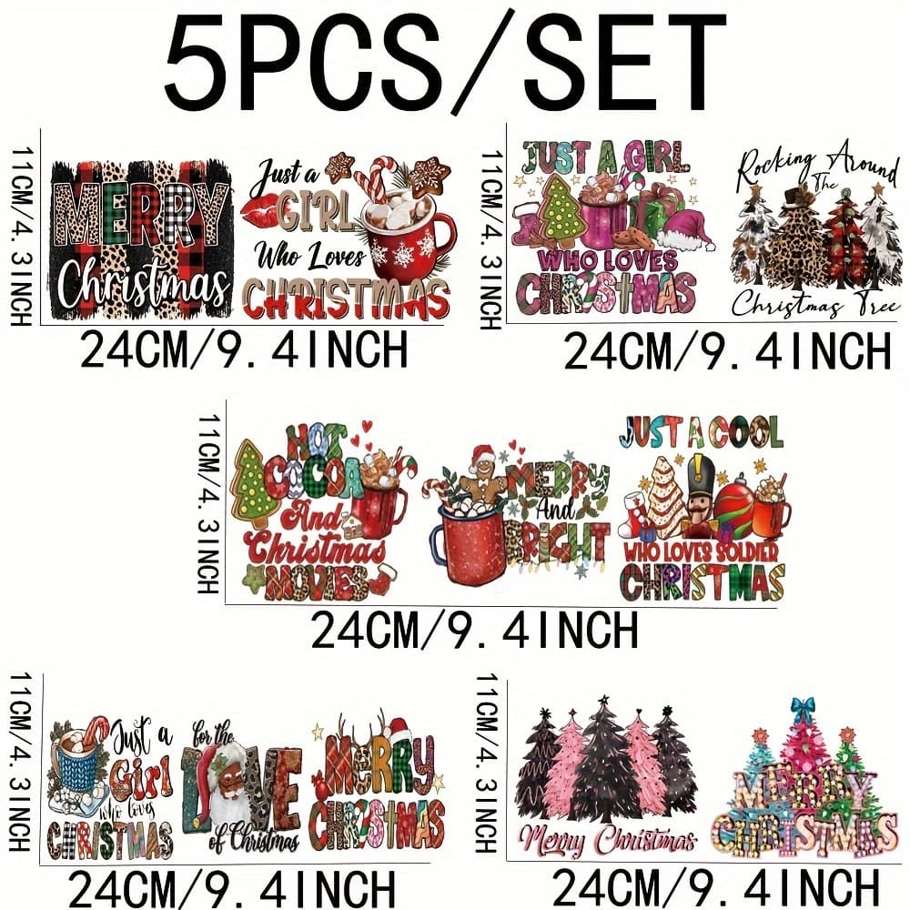 TEMU 5-pack Christmas Tree & Santa Claus 16oz Glass Cup Stickers, Uv Dtf High Adhesive Decals For Coffee Mugs, Mixed Colors, Pvc Material, Disposable, Irregular Shape, Self-adhesive