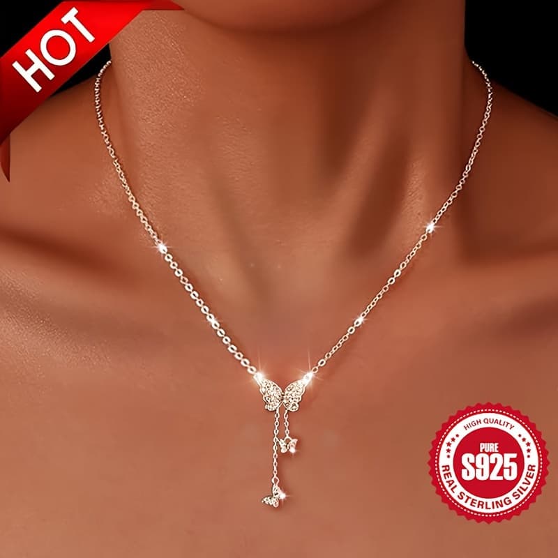 TEMU Elegant Pendant Necklace For Women, 925 Sterling Silver, Luxury Zirconia Inlaid Tassel Design, Hypoallergenic, Versatile Wear For Daily & Vacation, Ideal Christmas Gift - 3.41g