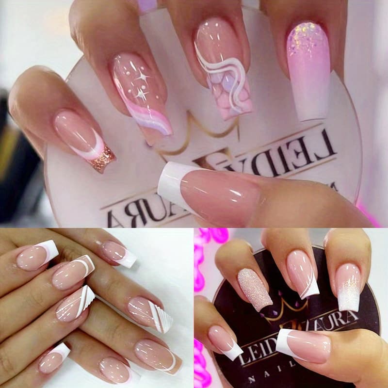 TEMU 72pcs(3pcs) Glossy White Square French Tips Press On Nails With Pink Glitterdesign - Nail Forms For Women And - Easy To Apply, Reusable, Andlong-lasting False Nails For Salon-quality Look
