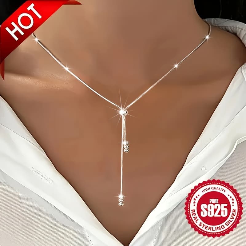 TEMU 1pc Elegant 925 Sterling Silver Y-shape Necklace For Women, Adjustable Bead Slider, Simple , Silver Plated, Versatile For All , Ideal For & Vacation, Perfect Christmas Gift