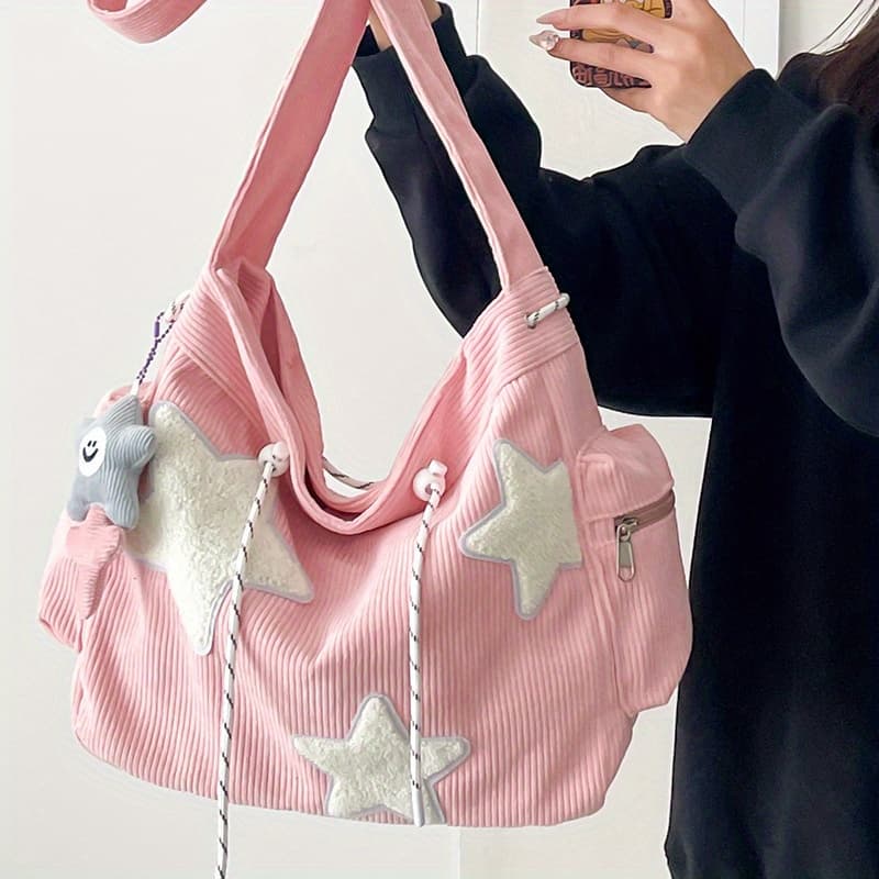 TEMU Cute Female Student Work Large-capacity Commuting Support Corduroy Shoulder Crossbody Bag