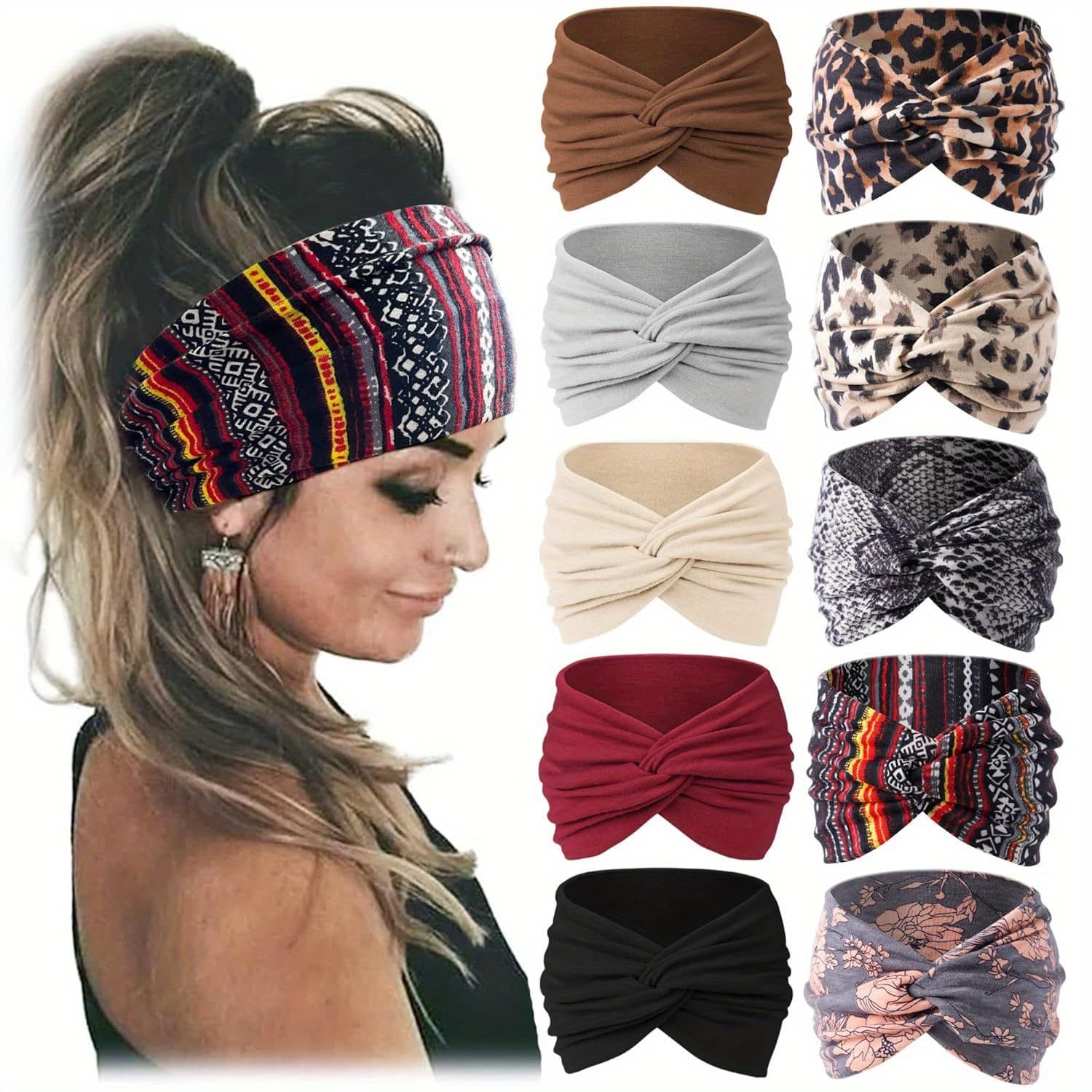 TEMU 10pcs Headbands For Women African Wide Hair Wrap Extra Turban Head Bands For Lady Large Sport Workout Stretch Non-slip Big Hair Bands, Christmas Gifts, Wedding Gifts