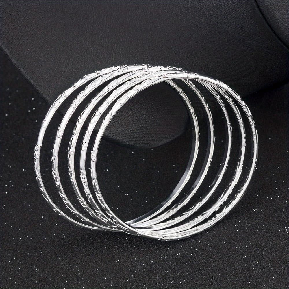 TEMU 5pcs/ Set Pattern Silvery Color Bangle Set, Geometric Circle Hand Jewelry Silvery Plated Jewelry Gift
