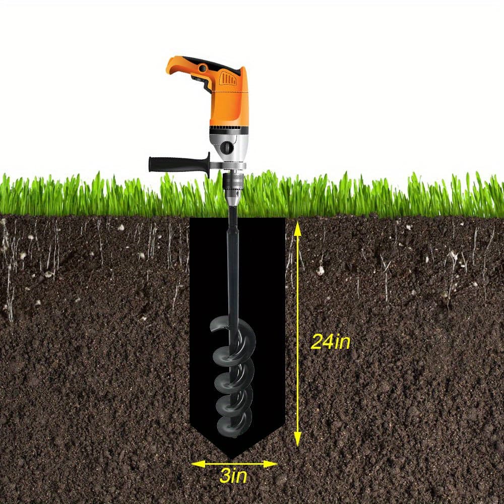 TEMU Auger Drill Bit, Earth Auger Bit, 24 Inch Length 3 Inch/2 Inch Width Planter, Yard Gardening Planting Auger, Post Or Umbrella Hole Digger For 3/8 Inch Hex Drive Drill +