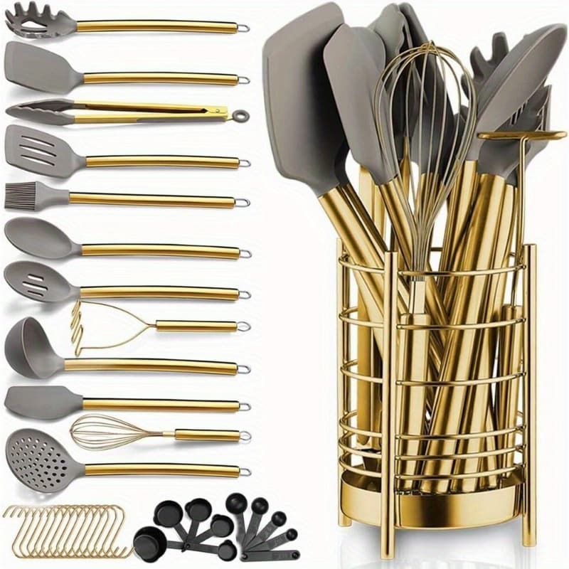 TEMU 38pcs Set Of Golden Kitchenware, With Edible Grade Silicone Heads To Protect Your Cookware. Made Of Stainless Steel Material, Safe And Reliable, Providing A To Your Cooking Needs