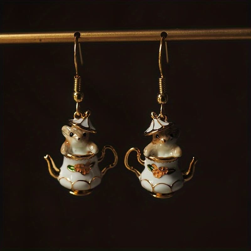 TEMU 1 Pair Whimsical Teapot Mouse Shaped Dangle Earrings, Novelty Animal Themed Jewelry, Unisex Fashion Accessory With Cute Design, Perfect Gift For Him Or Her, Party Wear