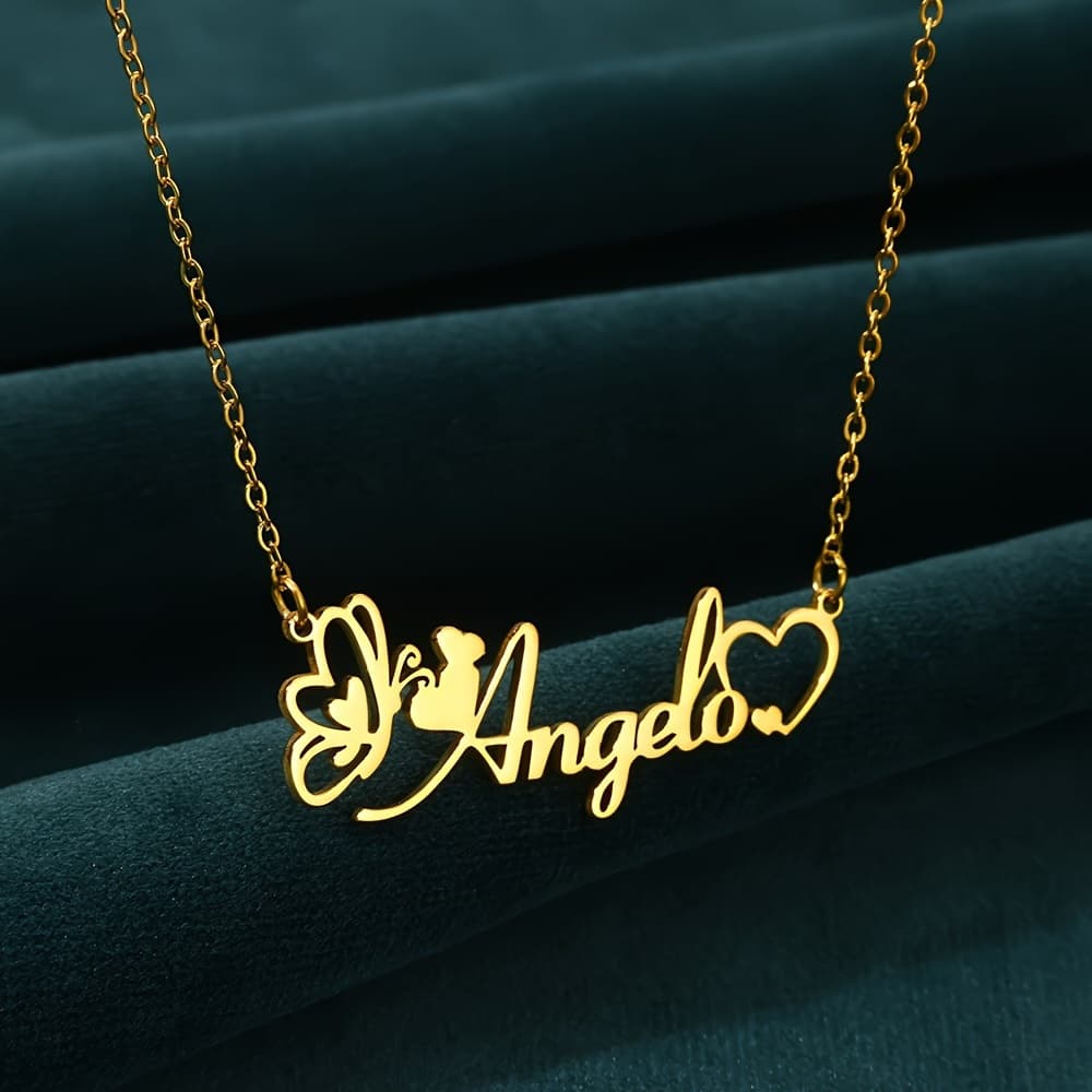 TEMU Customized Necklace Personalized And Heart Name Necklace - Elegant Stainless Steel Pendant, 18k Golden Plated Silvery, Perfect Gift For Women, English