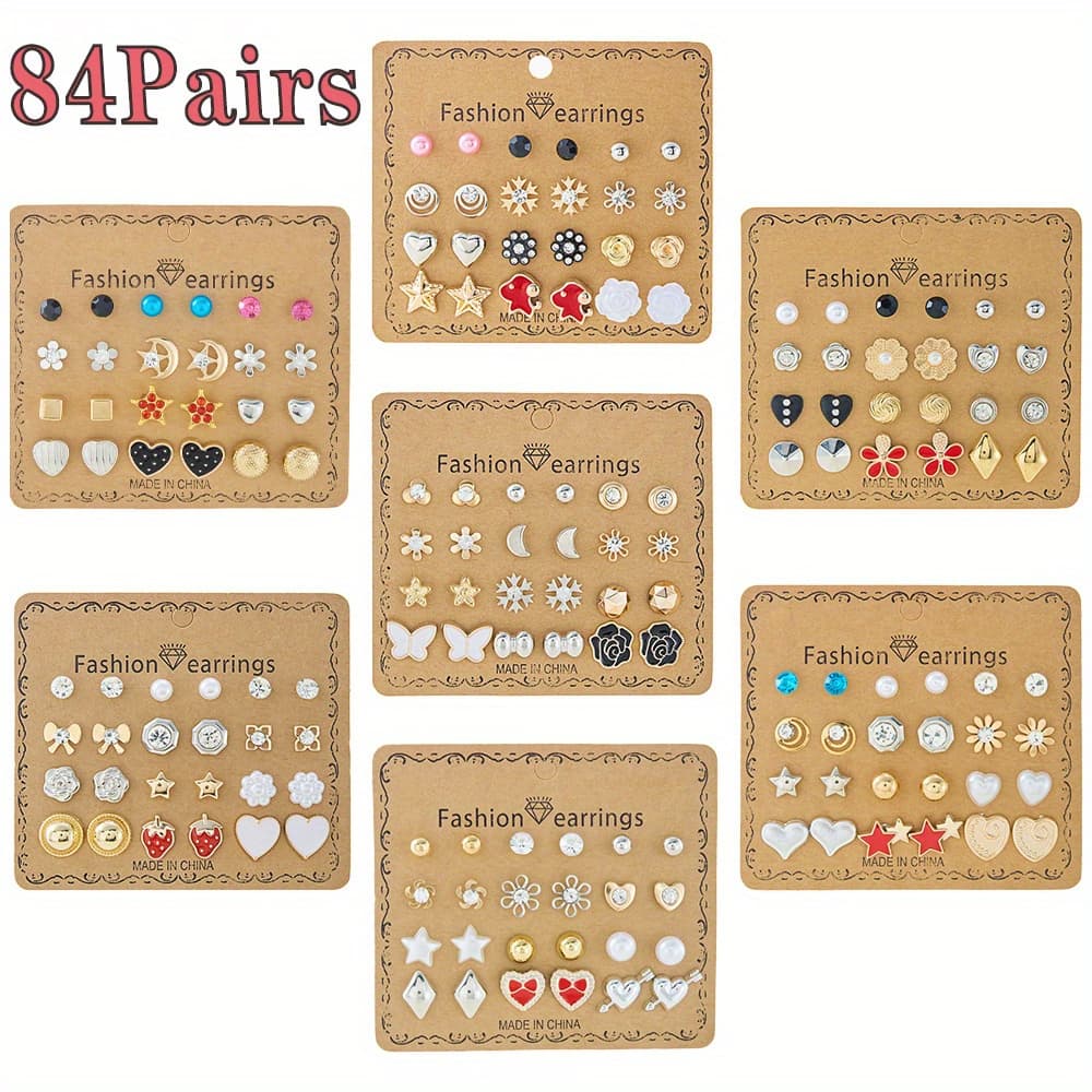 TEMU 84pairs Multi-style Stud Earrings For Women, Elegant Strawberry Heart Daisy Flower Earrings, Multiple Month Design Earrings Set, Ideal Jewelry Gifts For Women Girls