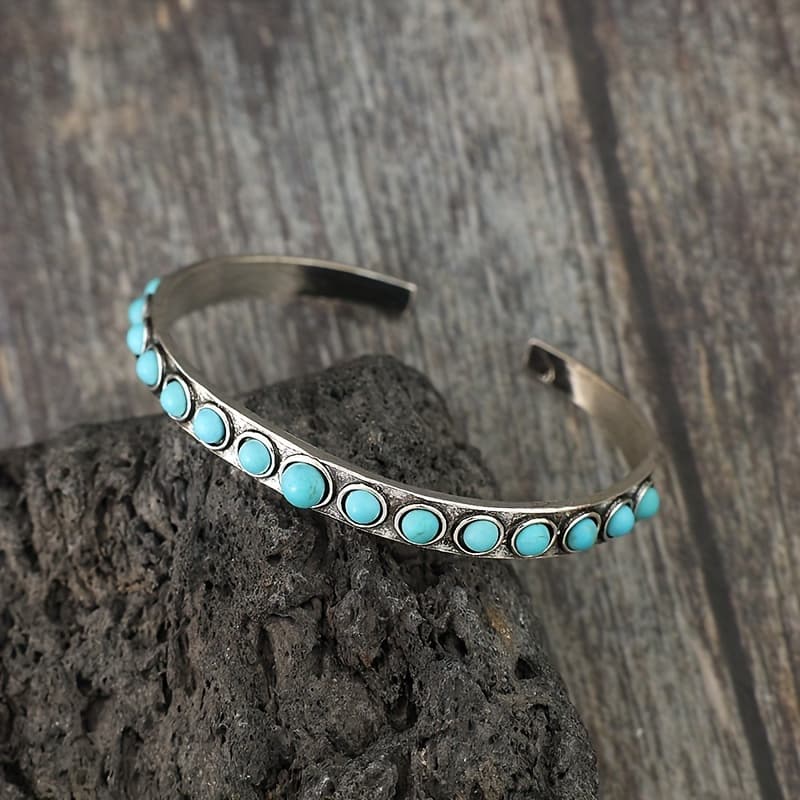 TEMU Turquoise Inlay Metal Cuff Bracelet, Bohemian , Fashion Open Bangle, Retro Ethnic Elegant Accessory