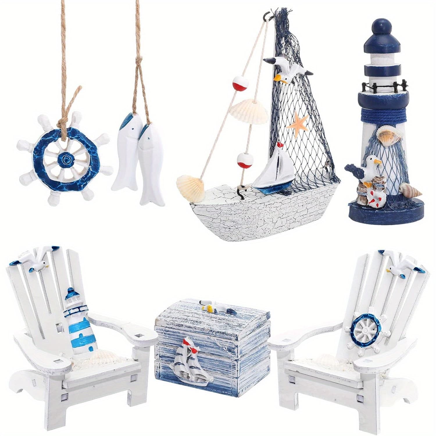 TEMU 7 Piece Wooden Box Wooden Lighthouse Mini Sailboat Anchor Wooden Fish Hanging Starfish Model Christmas Tree Decorations Decorative Aquarium Decorative Landscape Decorative Office Landscape