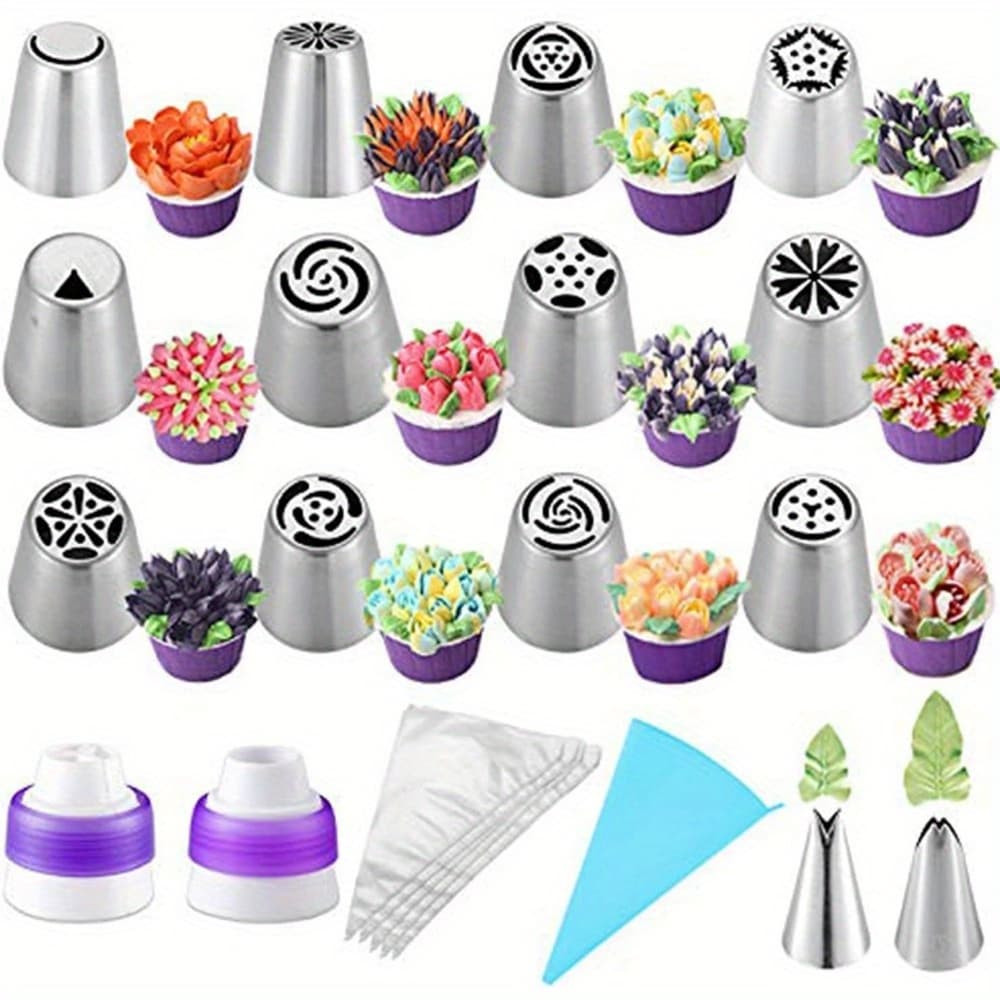 TEMU 27pcs/ Set Russian Frosting Piping Nozzle Set Stainless Steel Flower Cream Pastry Tips And Nozzles Bag Set Cupcake Cake Baking Tools Kitchen Utensils