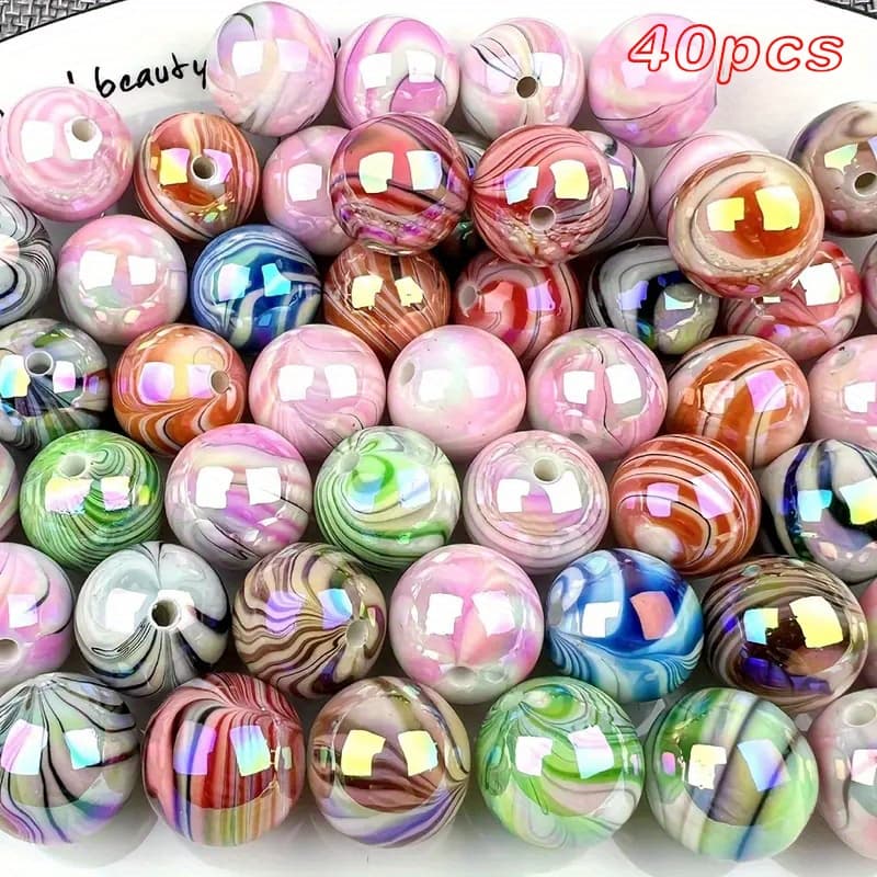 TEMU A Set Of 40 Loose Beads In 16mm, Featuring A Of Colors And An Irregular Water Ripple Print, Perfect For Bracelets, Decorative Pens, And Handmade Art Projects
