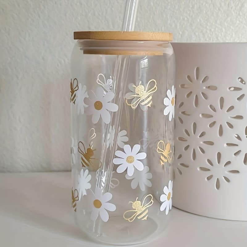 TEMU 1pc, Daisy Water Cup With Lid And Straw, 16oz/500ml Canned Water Cup, Iced Coffee Cup, For Tea, Juice, Milk, Birthday Gift, Beverage Utensils