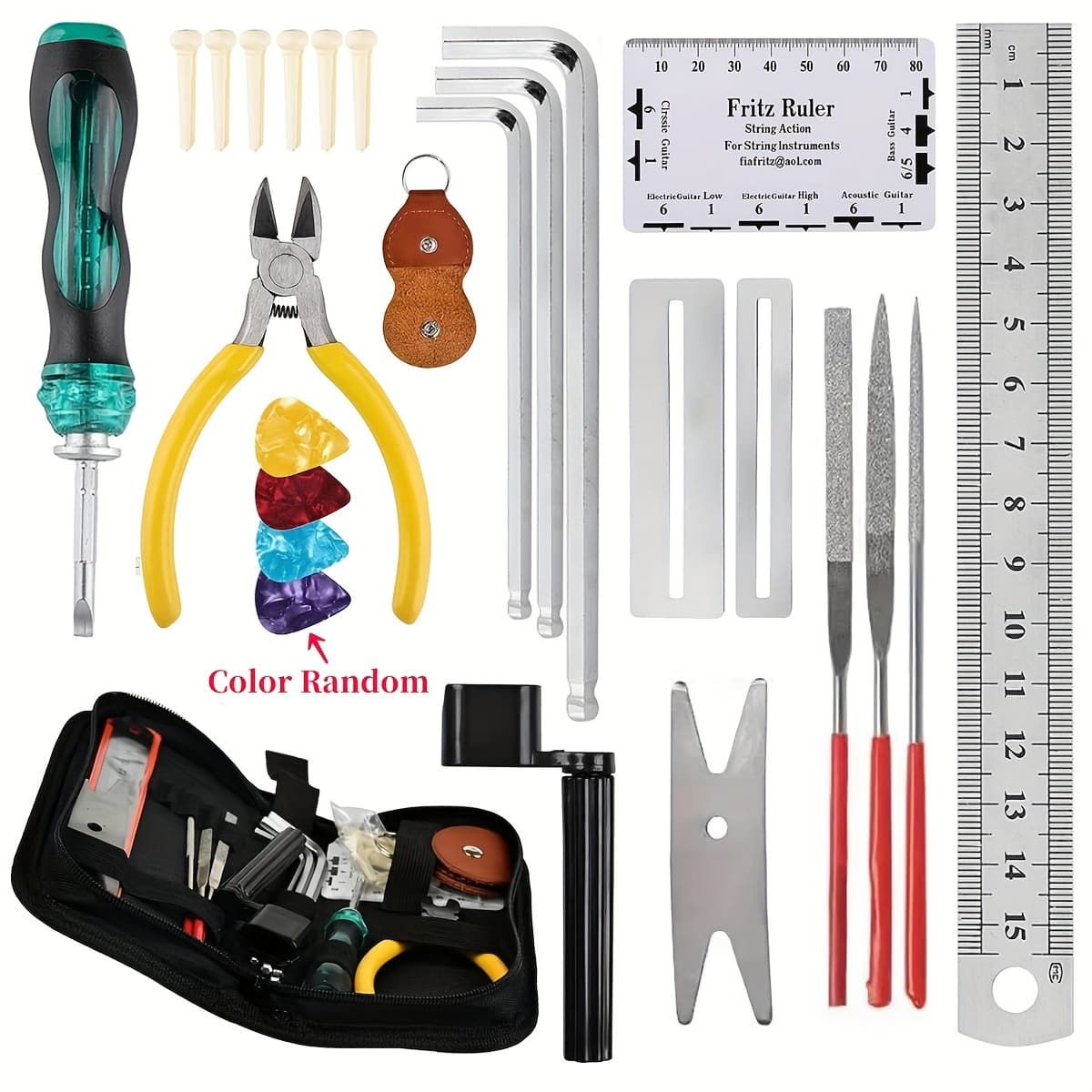 TEMU Guitar Tool Kit, Guitar Repair Tools Kit, Professional Guitar Repairing Maintenance Tool Kit With Wire Plier String Organizer Fingerboard Protector Hex Wrenches Files String Action Ruler Spanner