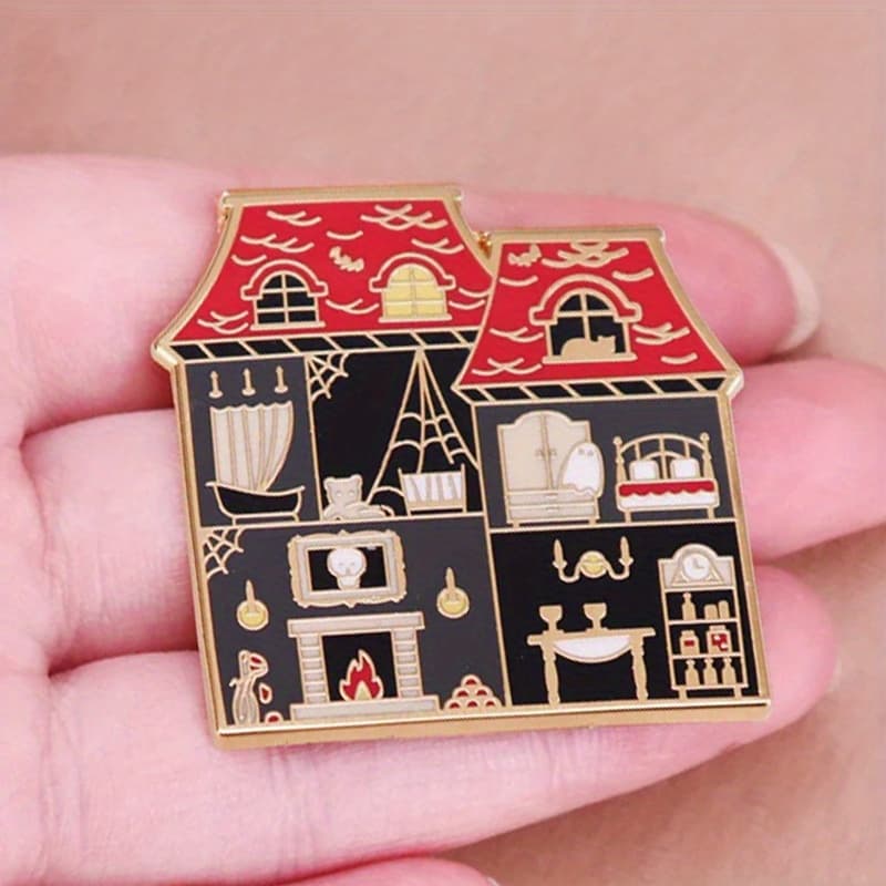 TEMU Kawaii -themed Enamel Pin Featuring A Haunted House Design, Perfect For Halloween And Gothic Spooky Jewelry