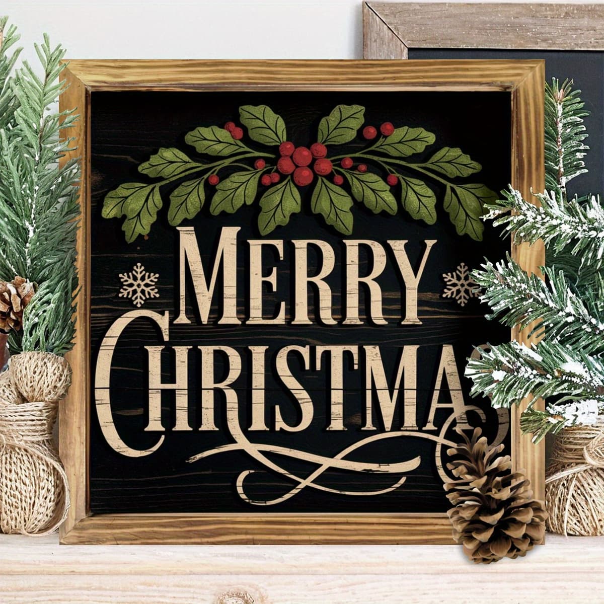 TEMU 1pc Rustic Wooden Merry Christmas Sign - 8x8 Inch Farmhouse Wall & Tabletop Decor With Elegant Cursive Lettering & Wreath - No /-free Holiday Decoration For Mantel, Entryway, Living Room