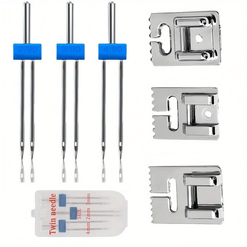 TEMU 6pcs Sewing Machine Twin Needle Double Stretch Twin Needle Pins With 3pcs 5-7-9 Pintuck Presser Foot For Household Sewing Machine Additions, 3 Sizes Mixed 2.0/90, 3.0/90, 4.0/90
