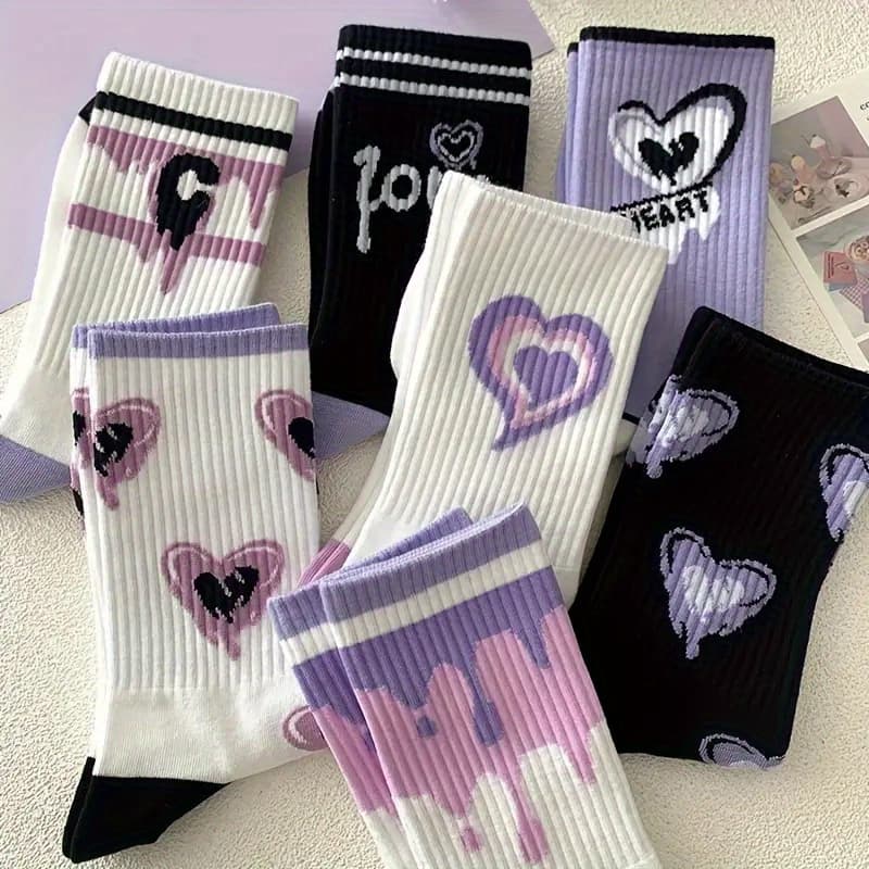 TEMU 7 Pairs Mixed Color Long Tube Cartoon Women' Socks, Cute Cartoon Pattern Breathable Stockings, Stockings And Socks