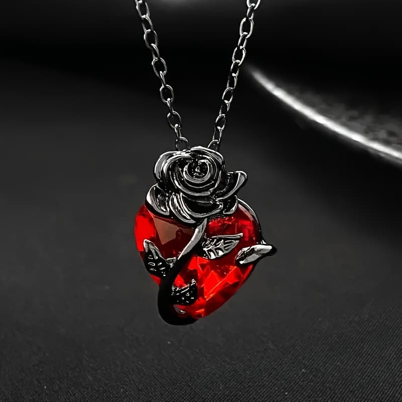 TEMU 1pc Gothic Y2k Red Heart & Rose Pendant Necklace - Gunmetal-plated () Punk Jewelry Suitable For , Edgy Romantic Gift For Parties, Casual Attire, Durable Gunmetal Coating
