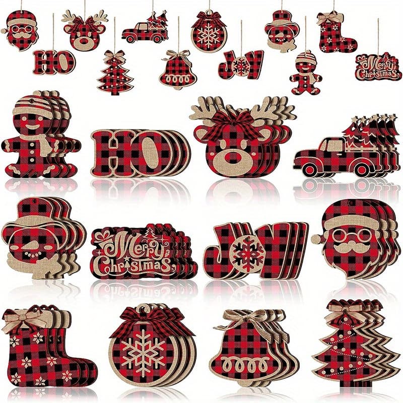 TEMU Christmas Decorations Indoor Tree Ornaments, 24pcs Red Black Burlap Farmhouse Xmas Ornaments, Tree Ball Bell Stocking Shaped Rustic Boho Country Decor For Home Office