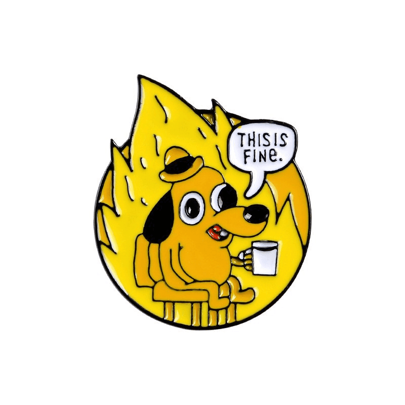 TEMU Whimsical "this Is Fine" Dog Cartoon Brooch Pin - Buttons & Pins With Colorful Design, Fun Accessory For Dog Enthusiasts, Meme Fans, And Gift Ideas For