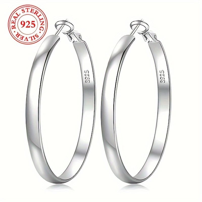 TEMU 1 Pair Of Luxurious 925 Sterling Silvery Hoop Earrings - Elegant, Simple, And Fashionable Large Plain , Geometric Statement Jewelry Accessory With Hypoallergenic , Perfect Gifts For Women